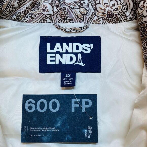 Land’s End Down Puffer Vest Full Zip Paisley Print Warm Tawny Brown Cream 2X New - Picture 7 of 12